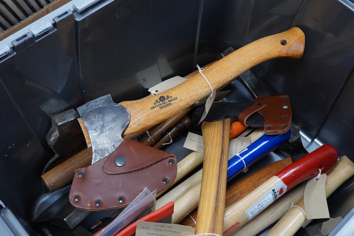 A collection of heavy duty hammers, framing hammers, and axes, including; 13 hammers by Vaughan, U.S.A., plus nine others by Stiletto, etc., and 14 carpenters axes and hatchets by James Howarth, Gransfars Bruks, Agdor of